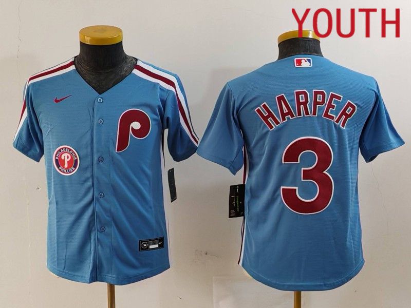Youth Philadelphia Phillies #3 Harper Blue Throwback 2024 Nike MLB Jersey style 3